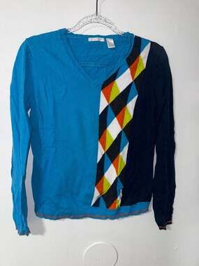 Lizgolf Womens Blue Argyle V-Neck Long Sleeve Sweater Medium